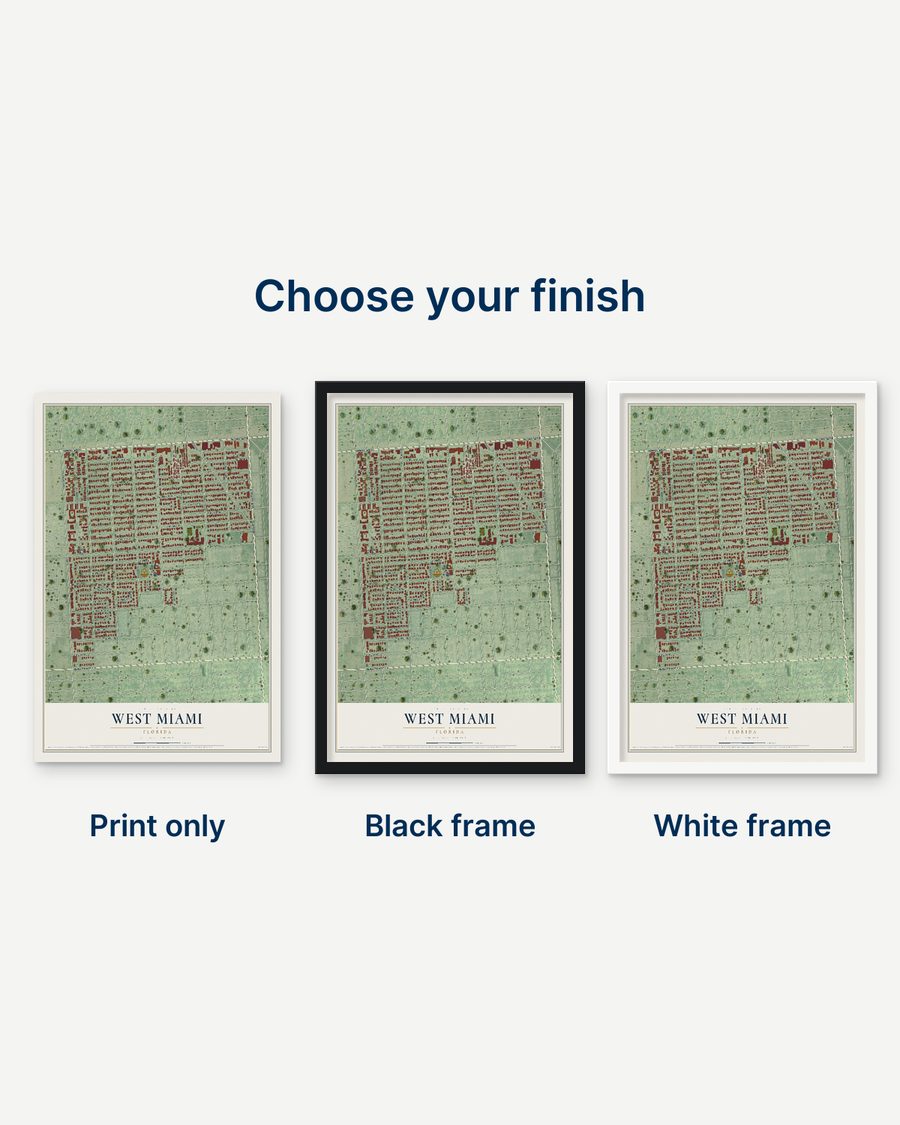The West Miami, Florida map as a print only, in a black frame and in a white frame