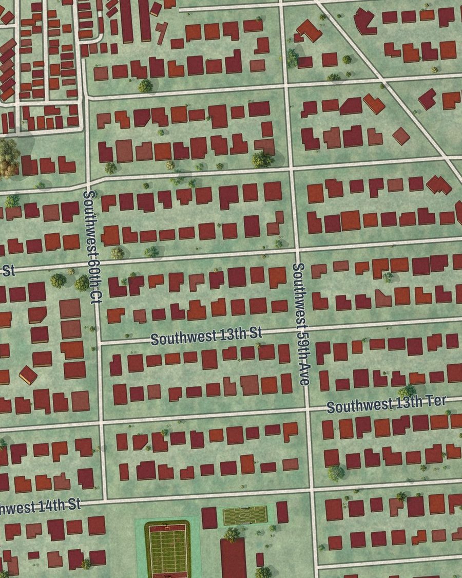 Close-up of West Miami streets on the map