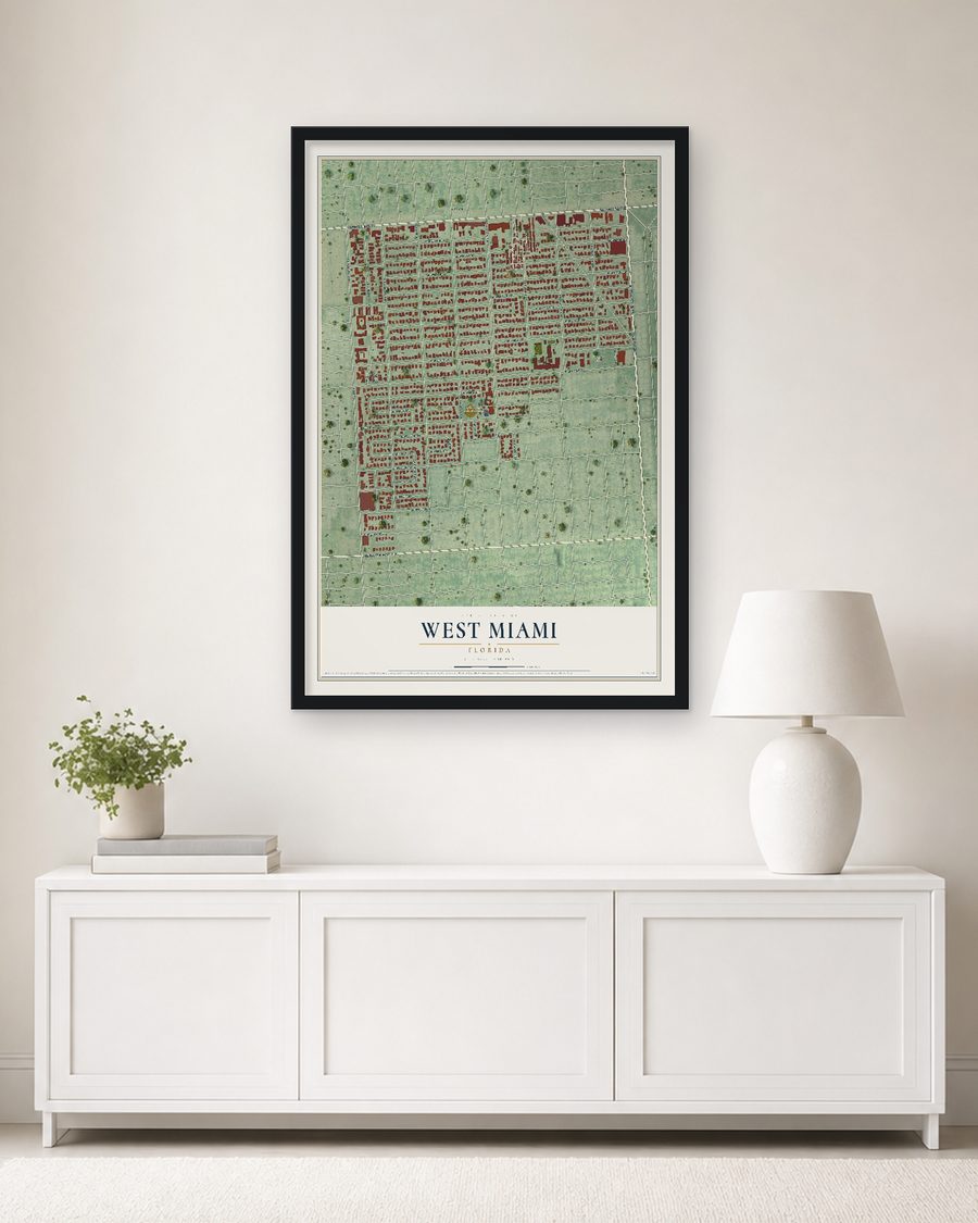 The West Miami, Florida map, 24 x 36 in, in a black wood frame on a living room wall