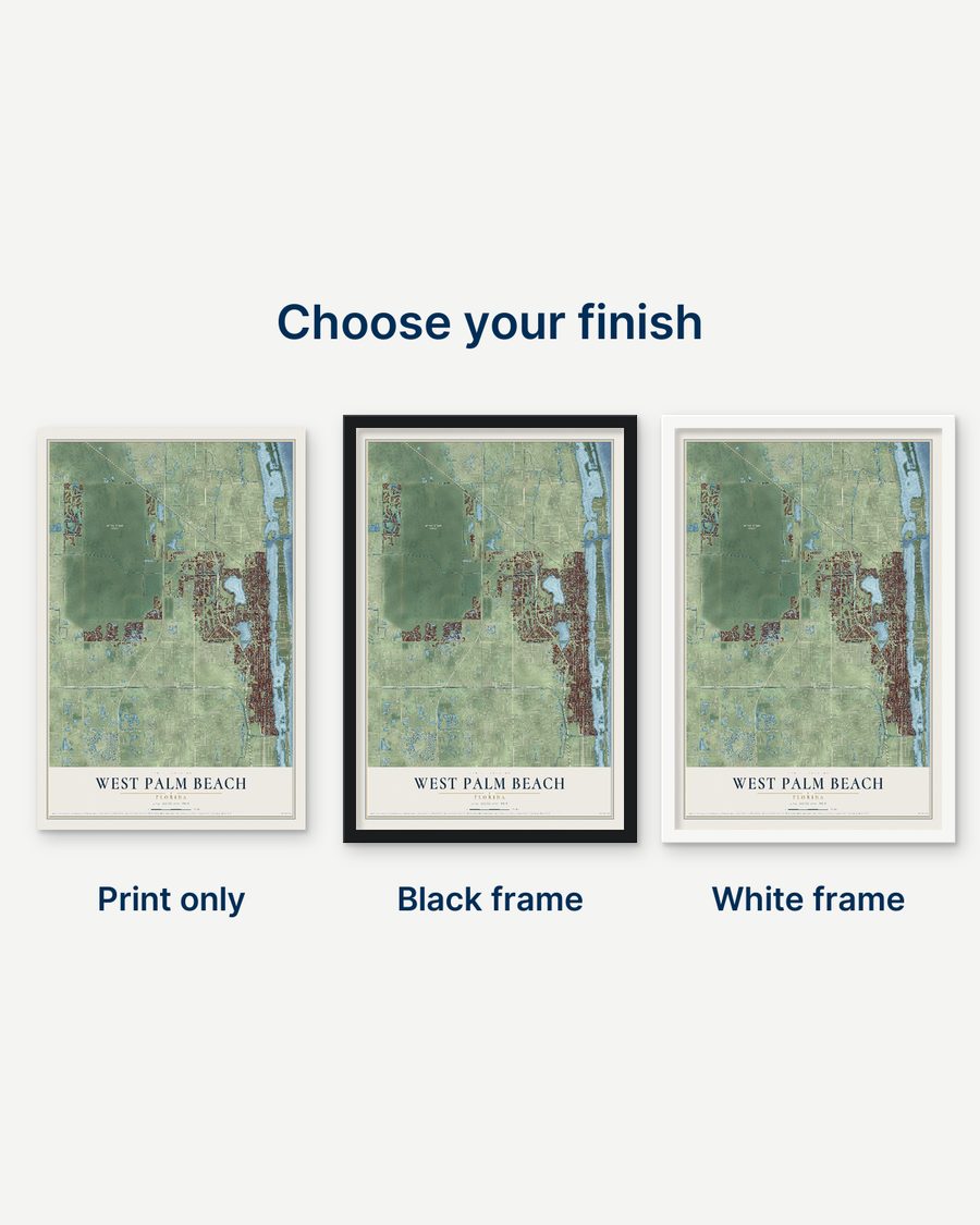 The West Palm Beach, Florida map as a print only, in a black frame and in a white frame