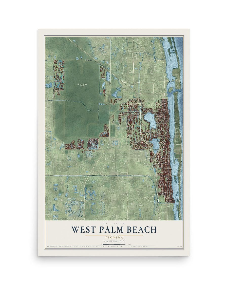 West Palm Beach, Florida map print, 12 x 18 in, print only