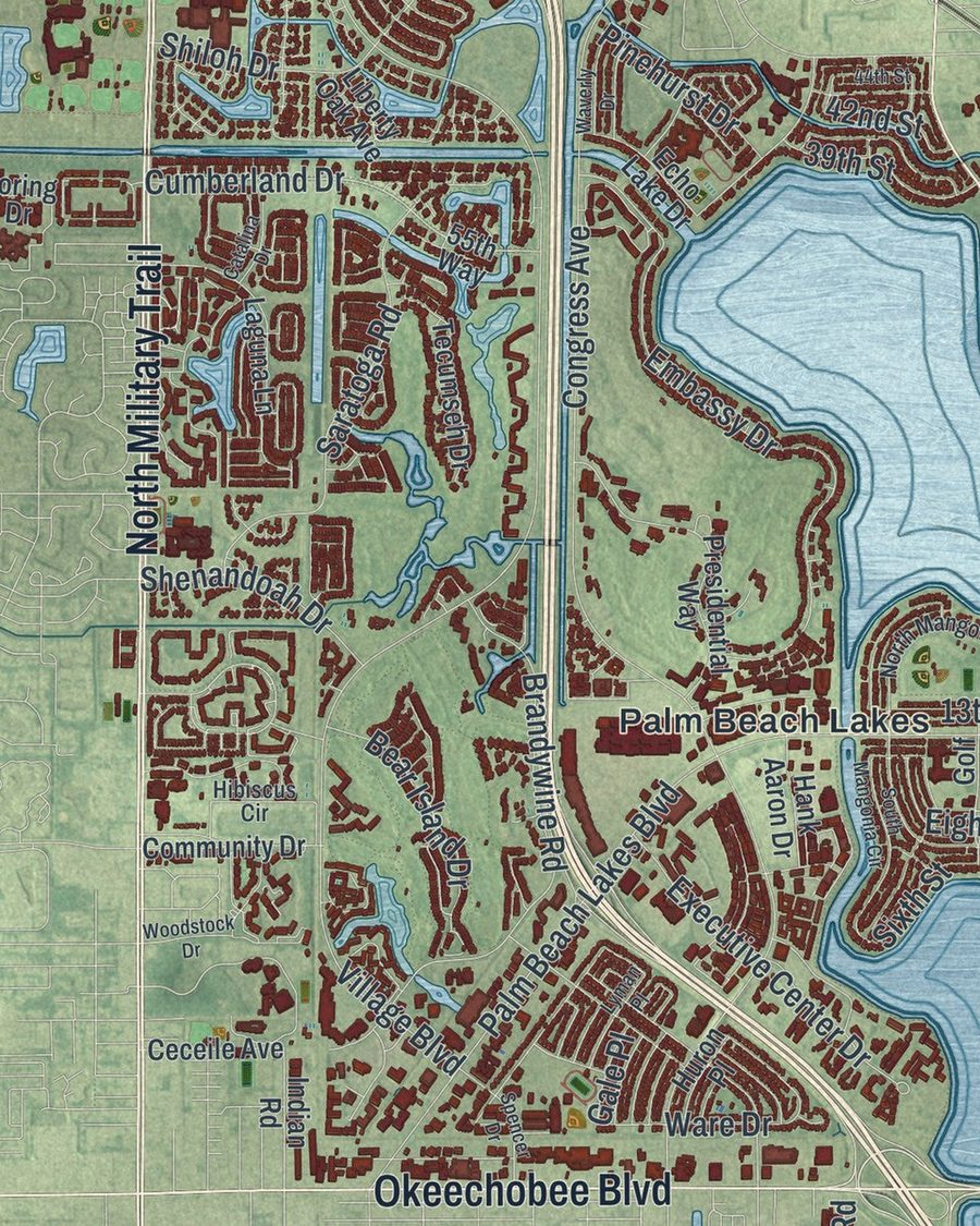 Close-up of West Palm Beach streets on the map