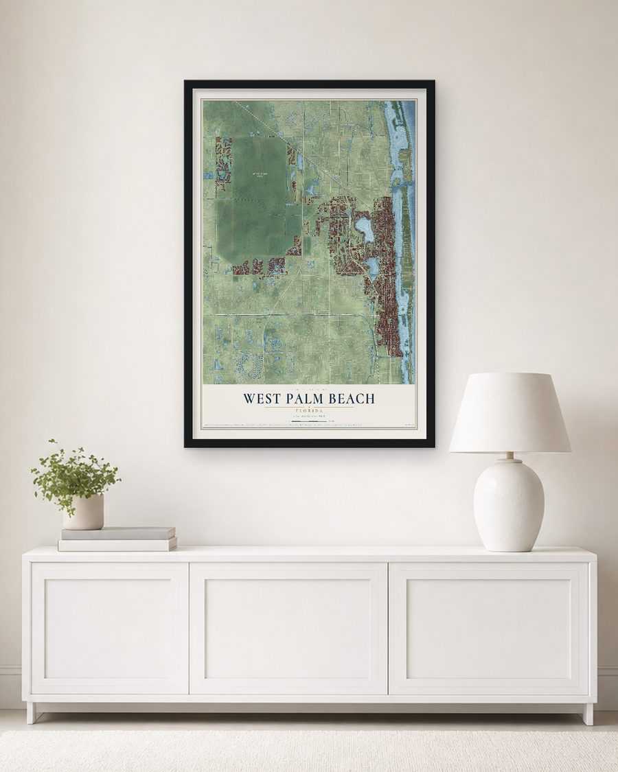 The West Palm Beach, Florida map, 24 x 36 in, in a black wood frame on a living room wall
