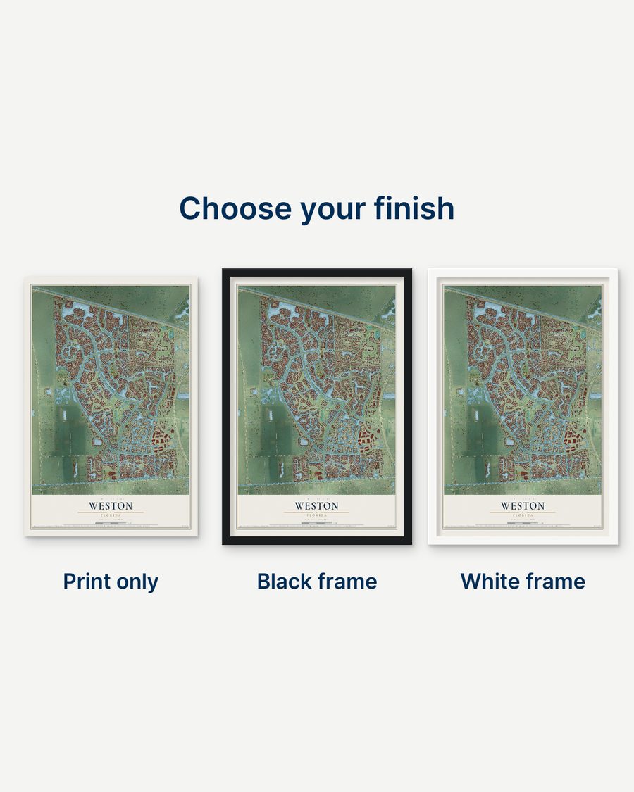 The Weston, Florida map as a print only, in a black frame and in a white frame