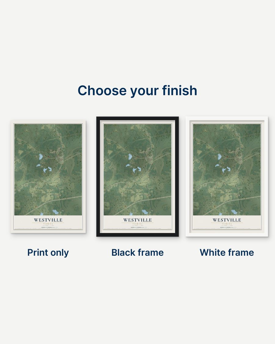 The Westville, Florida map as a print only, in a black frame and in a white frame