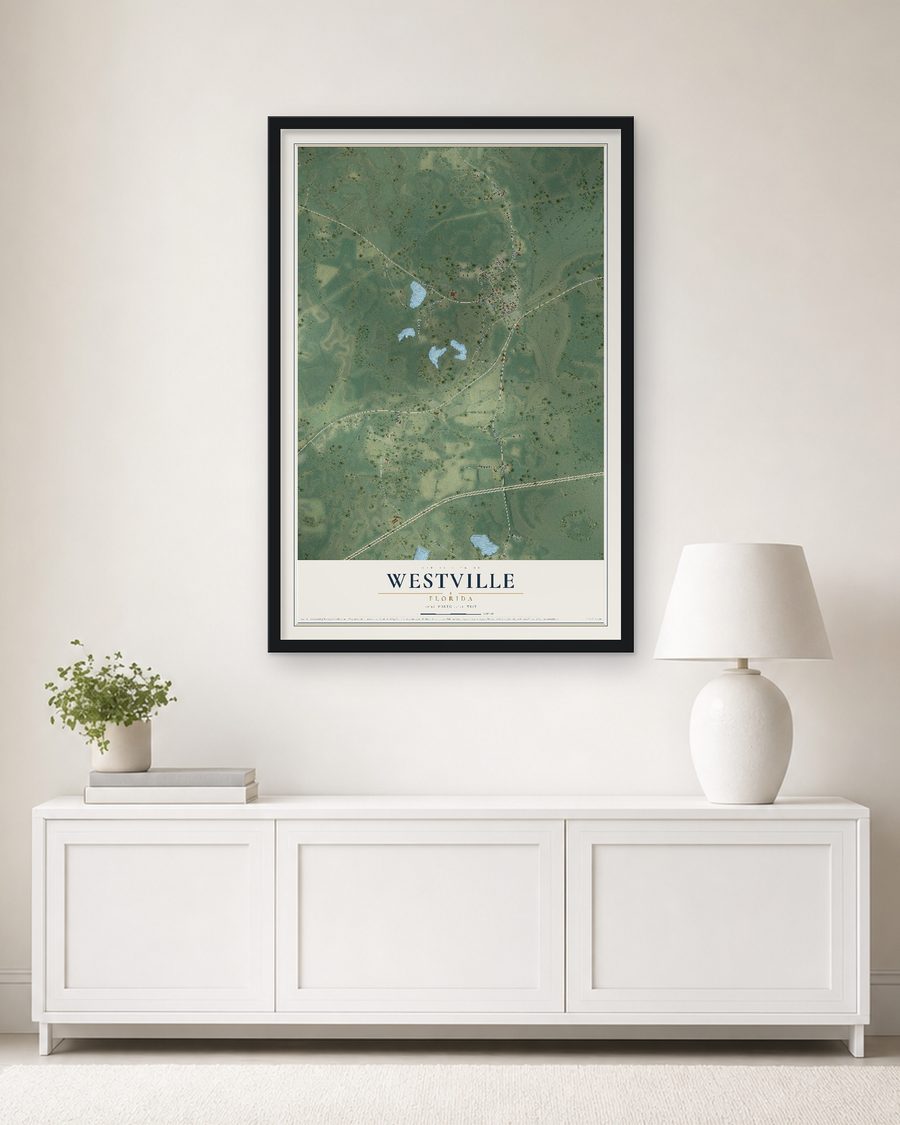 The Westville, Florida map, 24 x 36 in, in a black wood frame on a living room wall