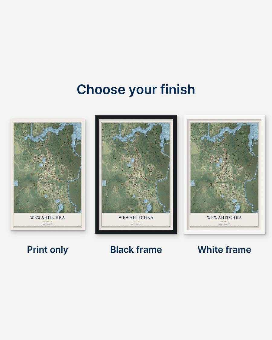 The Wewahitchka, Florida map as a print only, in a black frame and in a white frame