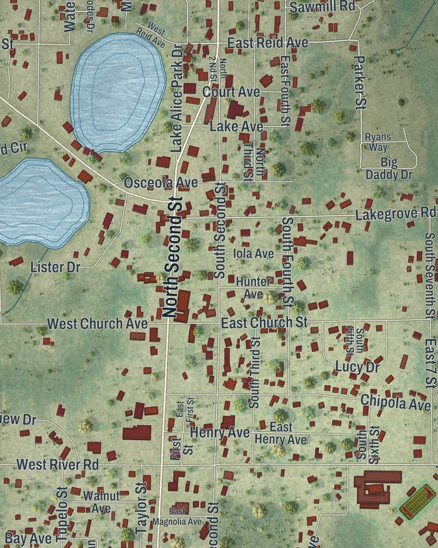 Close-up of Wewahitchka streets on the map