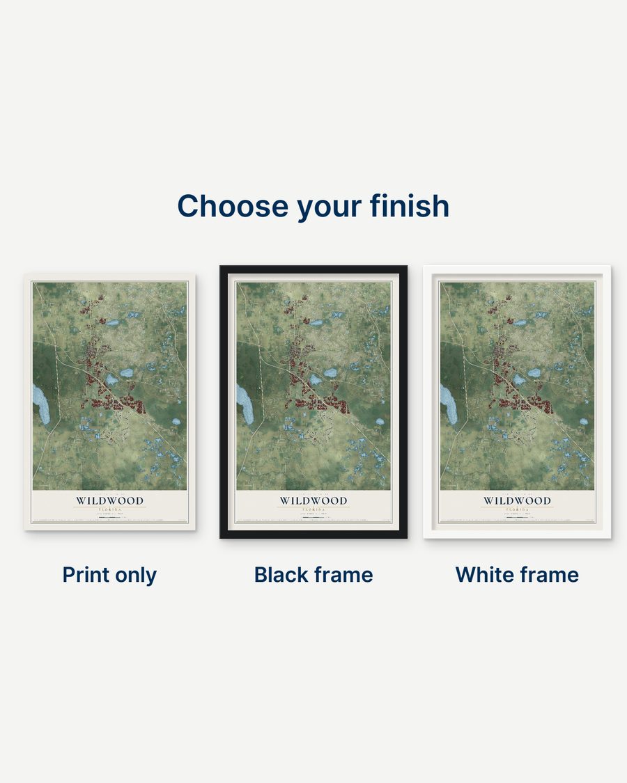 The Wildwood, Florida map as a print only, in a black frame and in a white frame