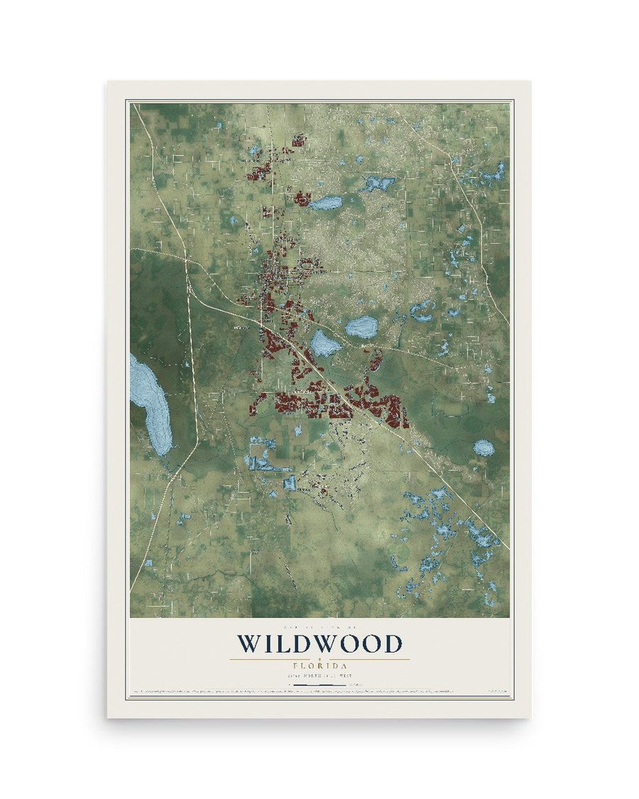 Wildwood, Florida map print, 12 x 18 in, print only