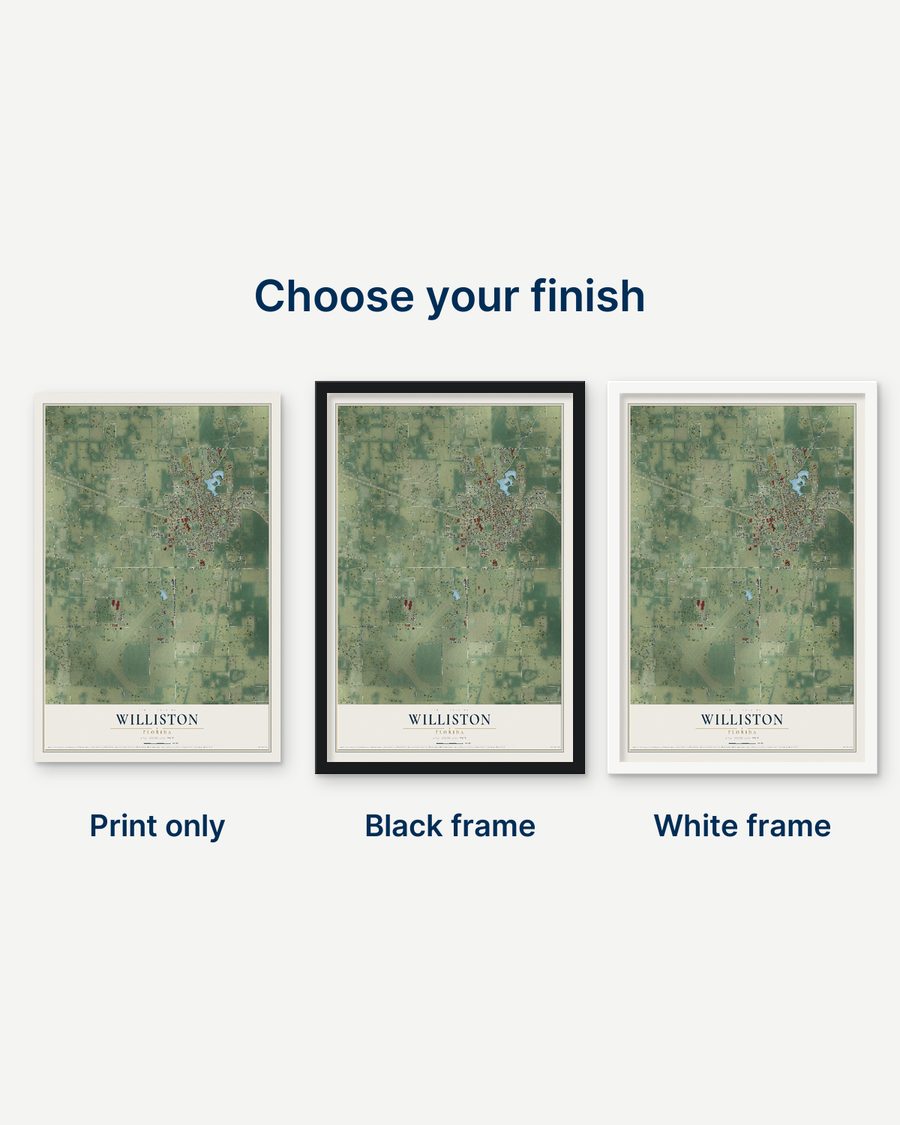 The Williston, Florida map as a print only, in a black frame and in a white frame