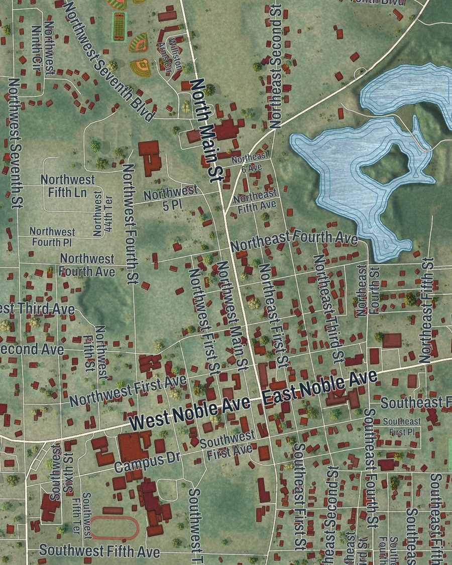 Close-up of Williston streets on the map