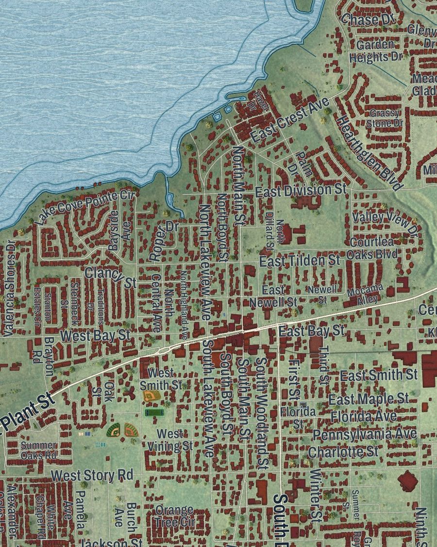 Close-up of Winter Garden streets on the map