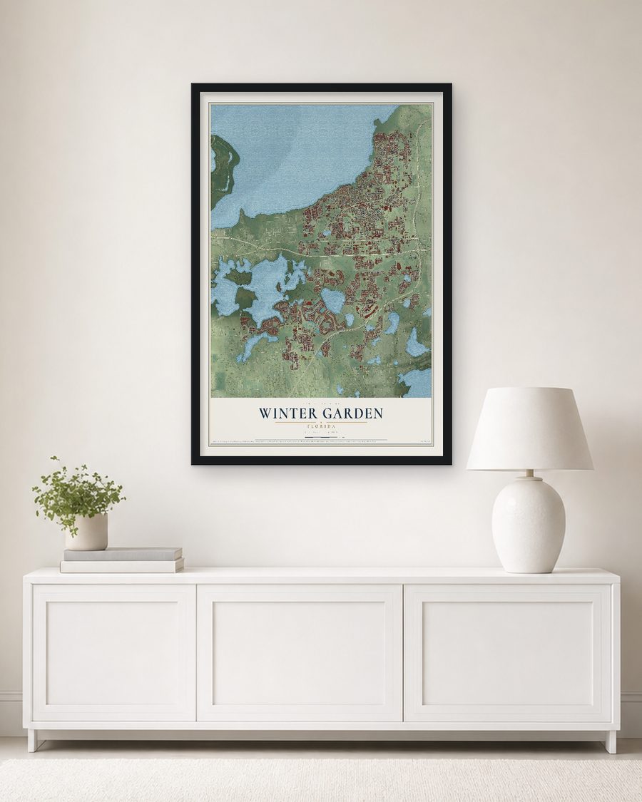 The Winter Garden, Florida map, 24 x 36 in, in a black wood frame on a living room wall