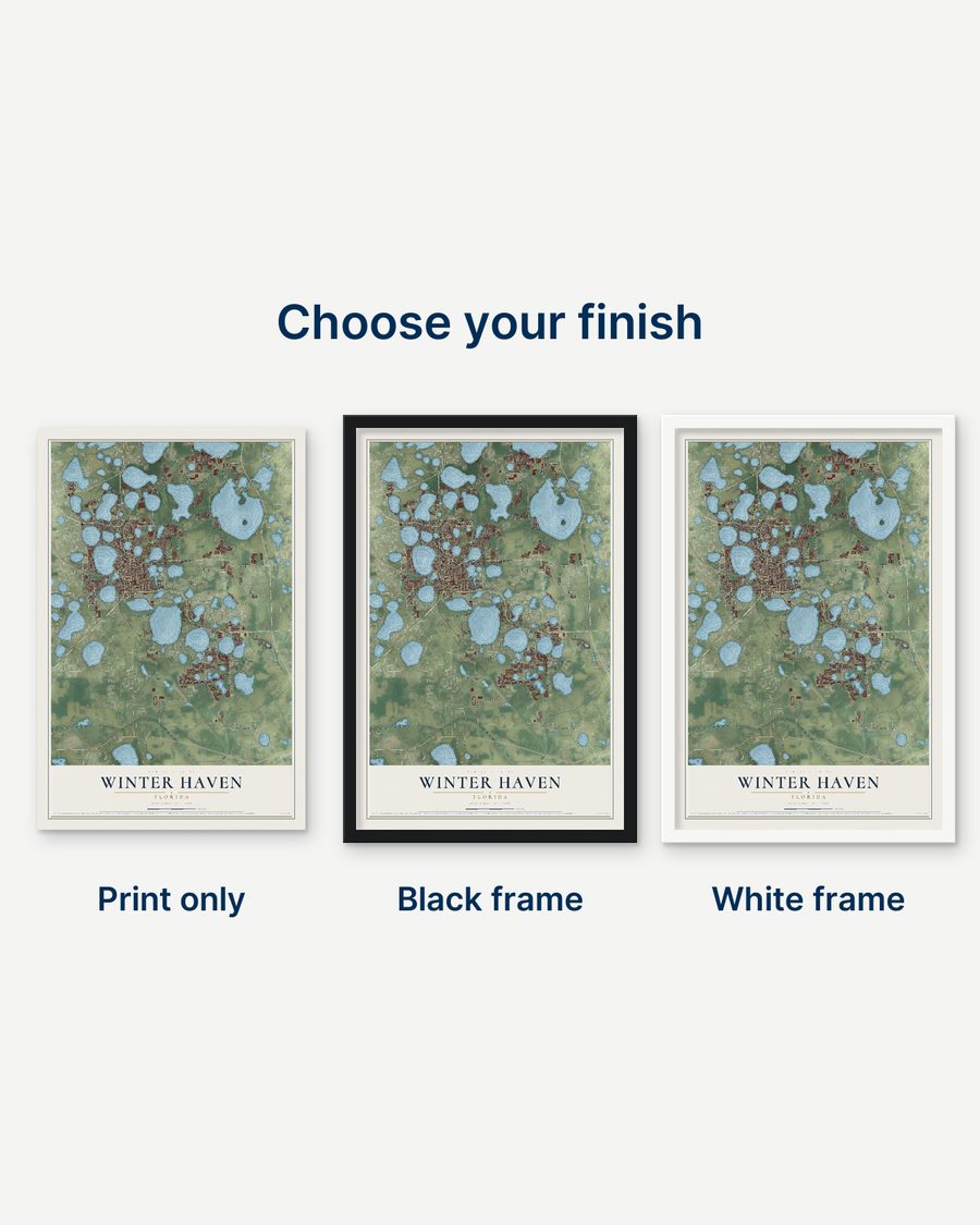 The Winter Haven, Florida map as a print only, in a black frame and in a white frame