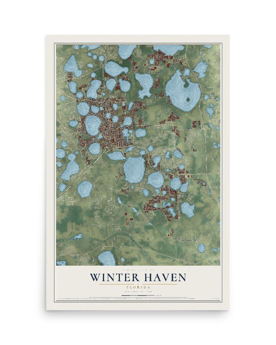 Winter Haven, Florida map print, 12 x 18 in, print only
