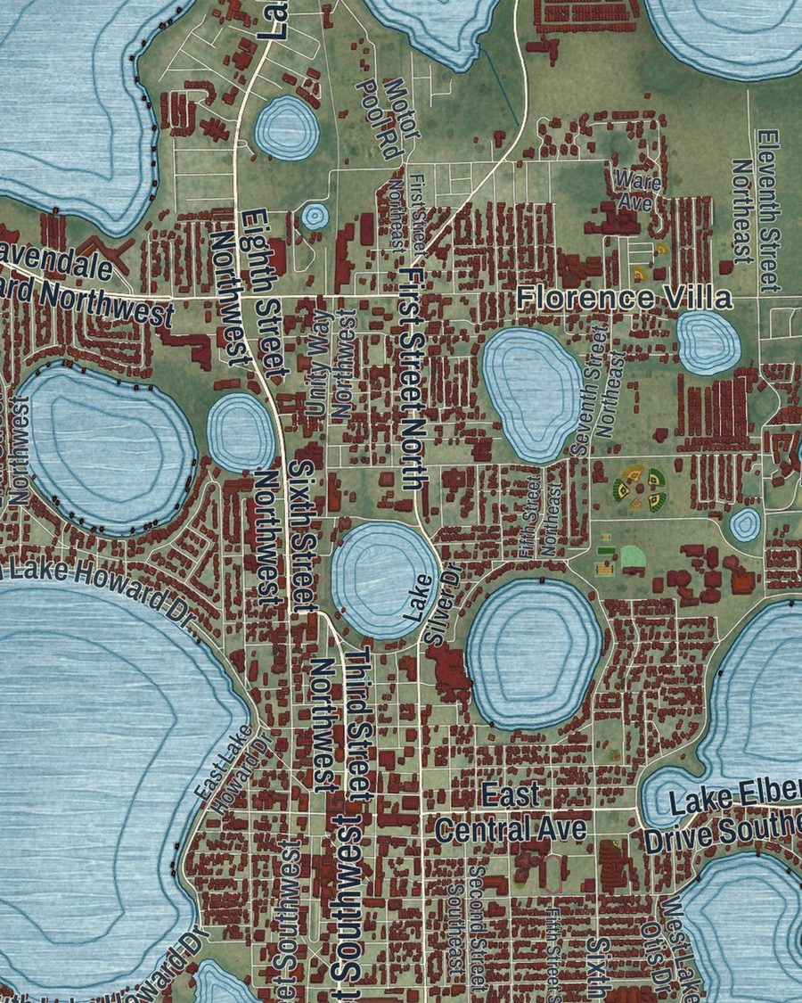 Close-up of Winter Haven streets on the map