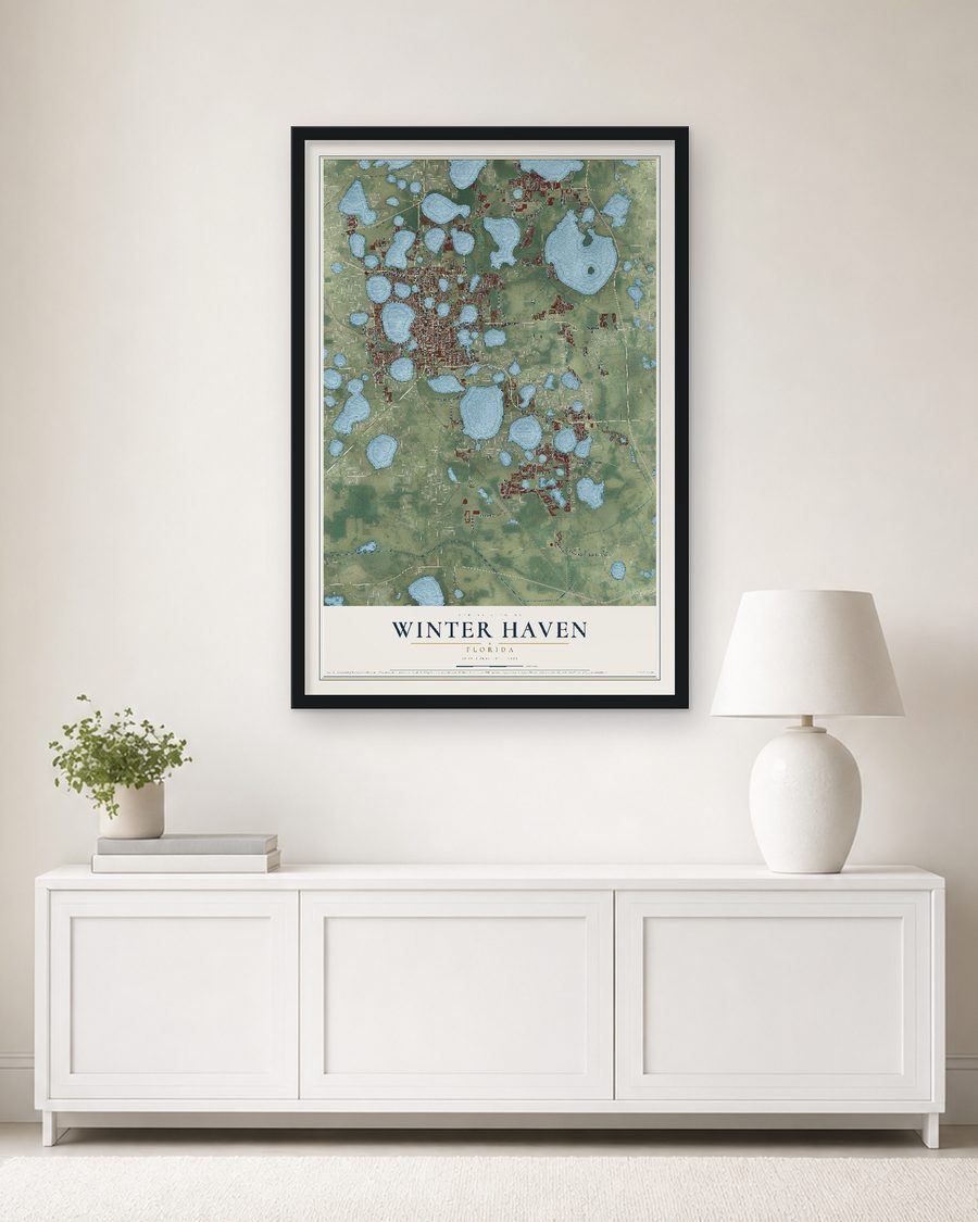 The Winter Haven, Florida map, 24 x 36 in, in a black wood frame on a living room wall