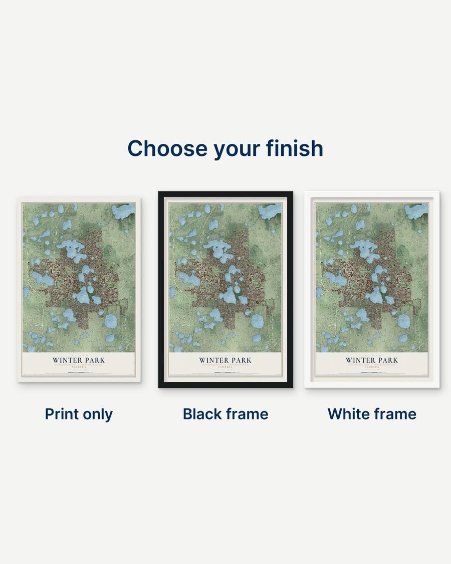 The Winter Park, Florida map as a print only, in a black frame and in a white frame