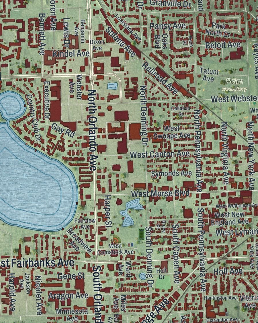 Close-up of Winter Park streets on the map