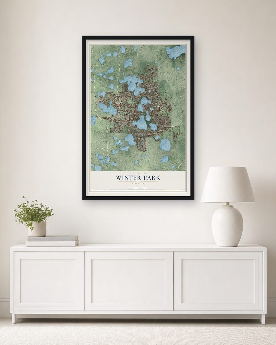 The Winter Park, Florida map, 24 x 36 in, in a black wood frame on a living room wall