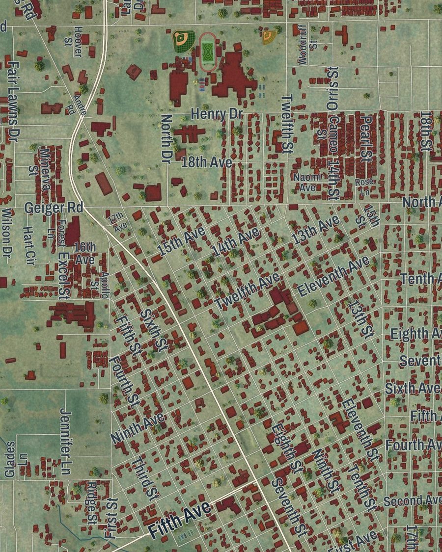 Close-up of Zephyrhills streets on the map