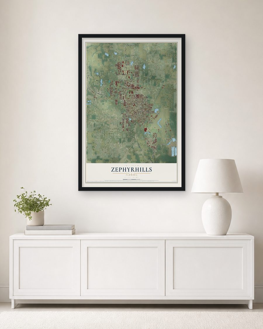The Zephyrhills, Florida map, 24 x 36 in, in a black wood frame on a living room wall