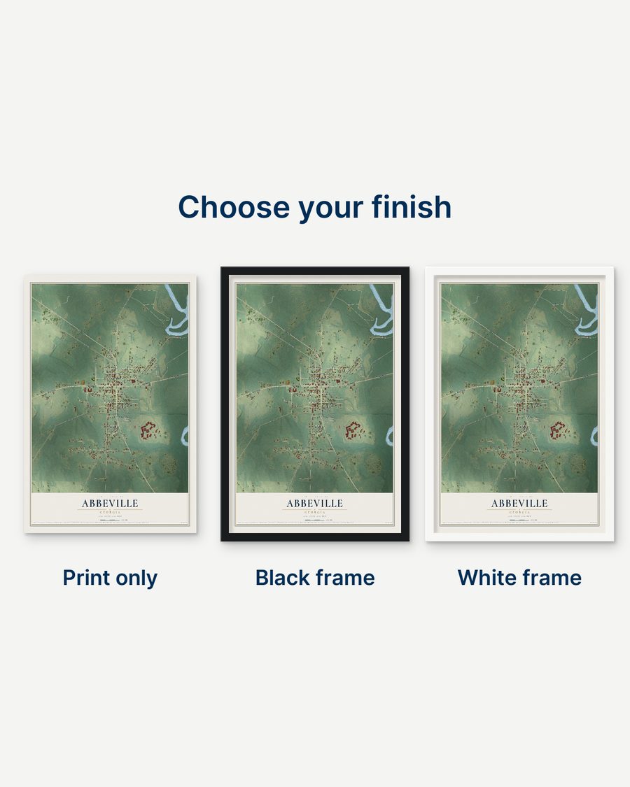 The Abbeville, Georgia map as a print only, in a black frame and in a white frame