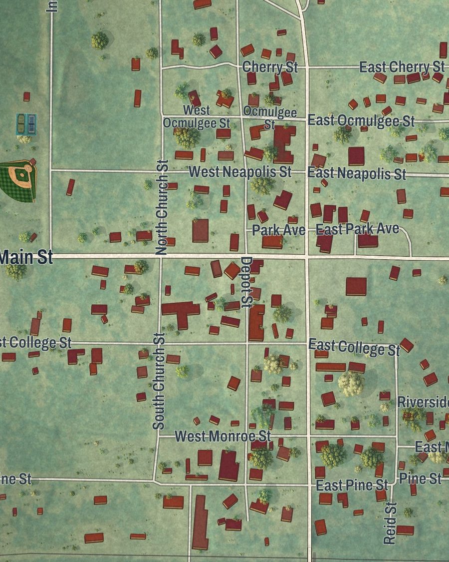 Close-up of Abbeville streets on the map