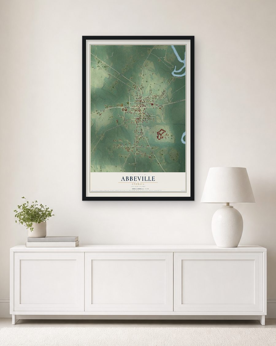 The Abbeville, Georgia map, 24 x 36 in, in a black wood frame on a living room wall