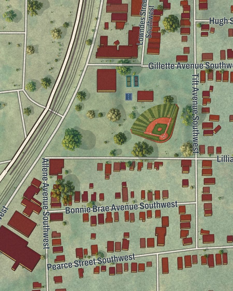 Close-up of Adair Park streets on the map