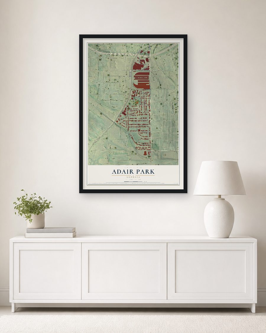 The Adair Park, Georgia map, 24 x 36 in, in a black wood frame on a living room wall