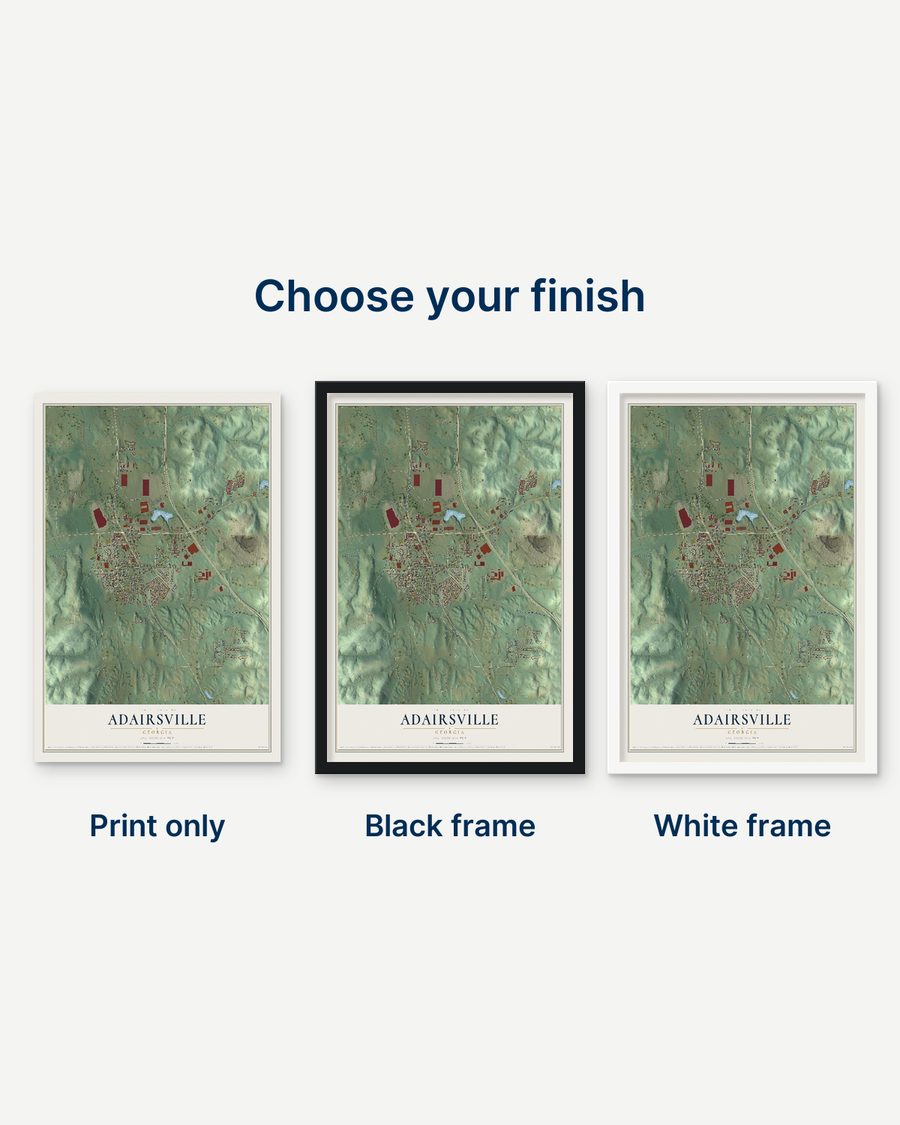 The Adairsville, Georgia map as a print only, in a black frame and in a white frame