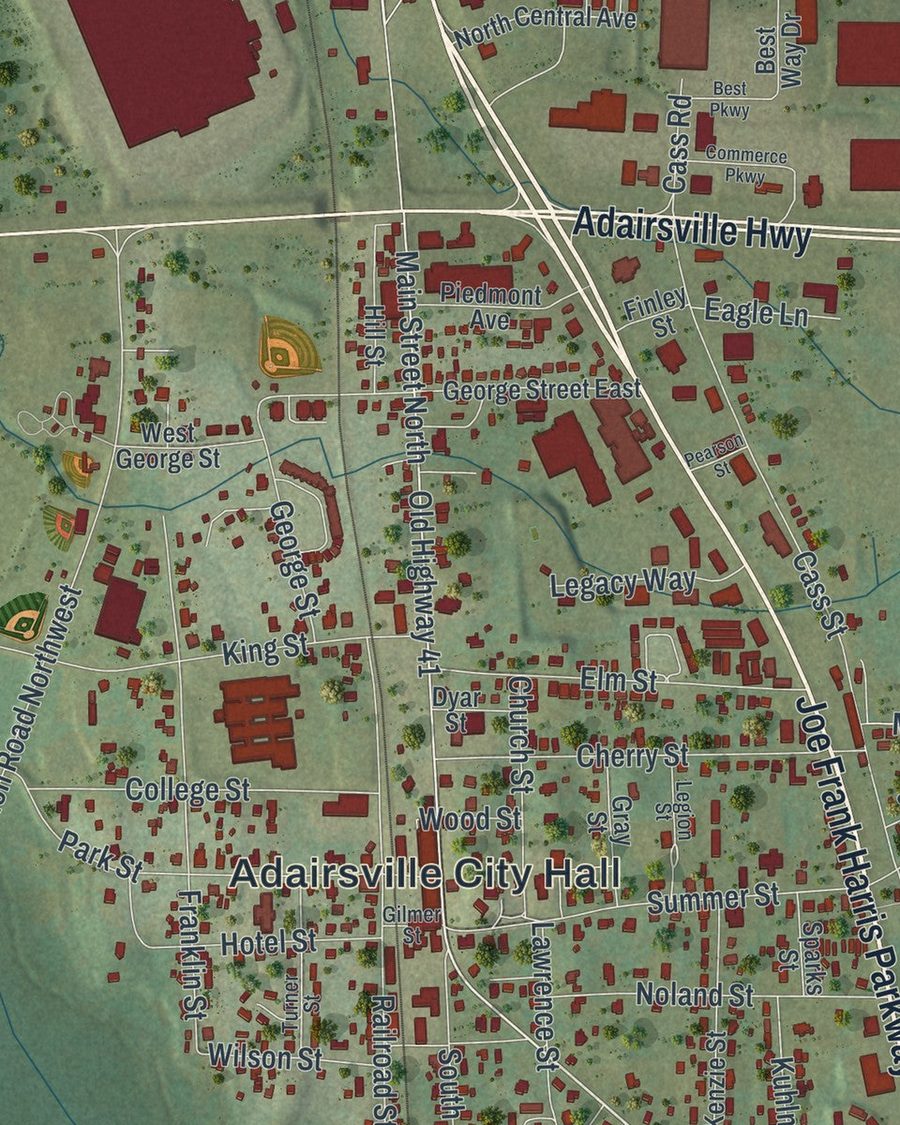 Close-up of Adairsville streets on the map