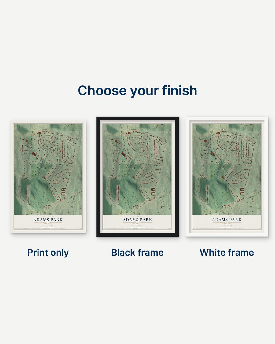 The Adams Park, Georgia map as a print only, in a black frame and in a white frame