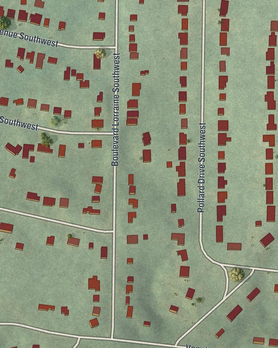 Close-up of Adams Park streets on the map