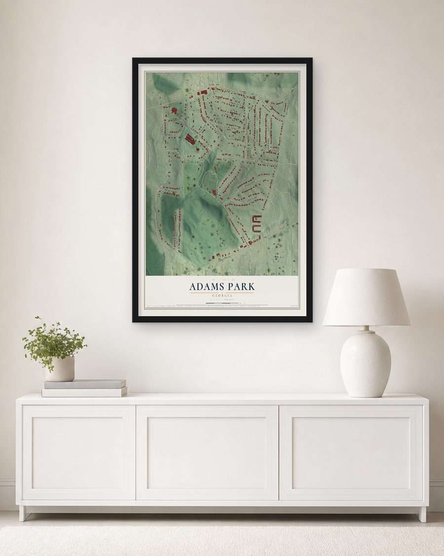 The Adams Park, Georgia map, 24 x 36 in, in a black wood frame on a living room wall