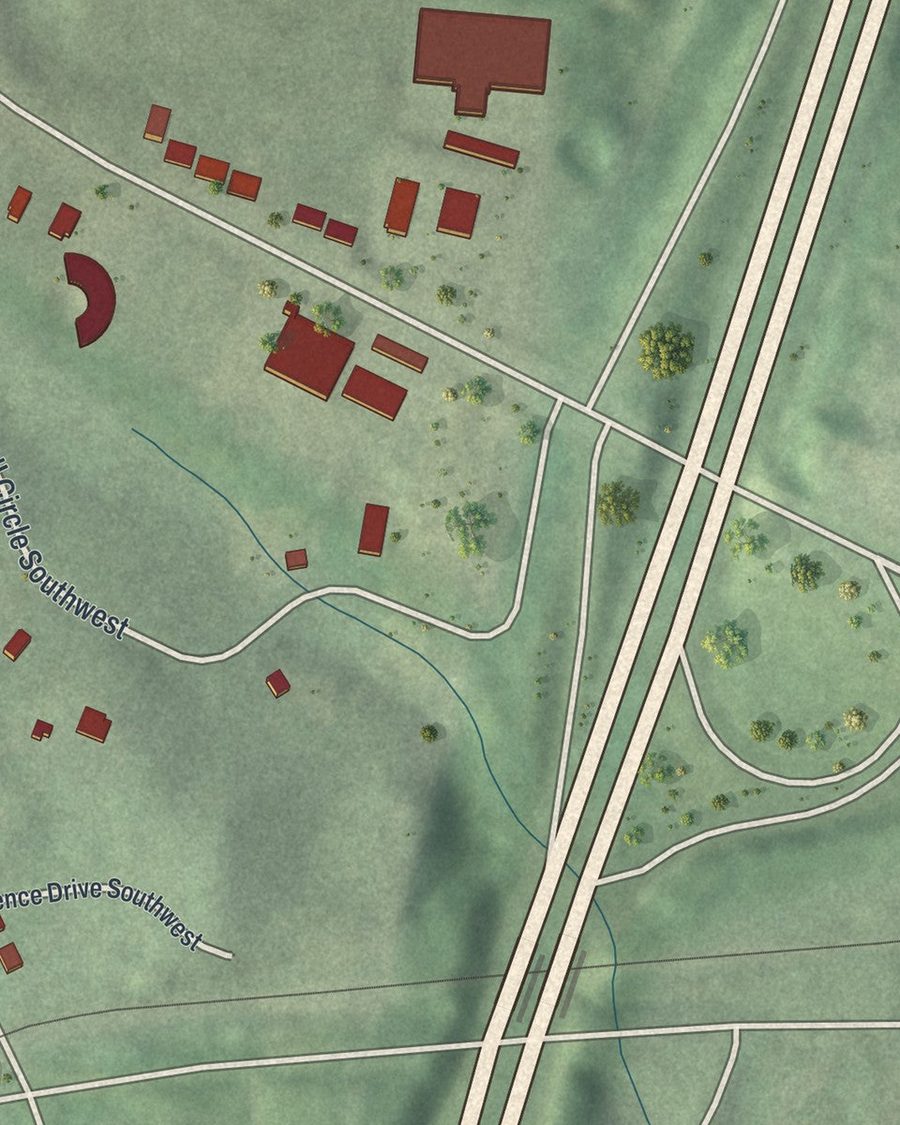 Close-up of Adamsville streets on the map