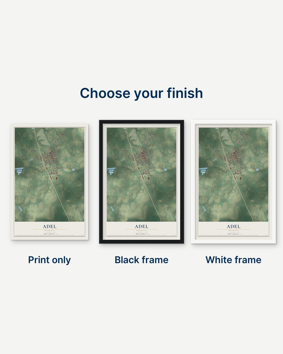 The Adel, Georgia map as a print only, in a black frame and in a white frame