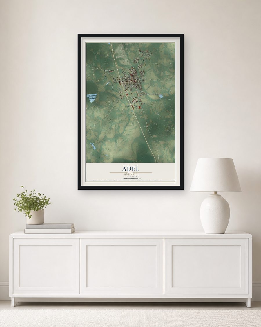 The Adel, Georgia map, 24 x 36 in, in a black wood frame on a living room wall