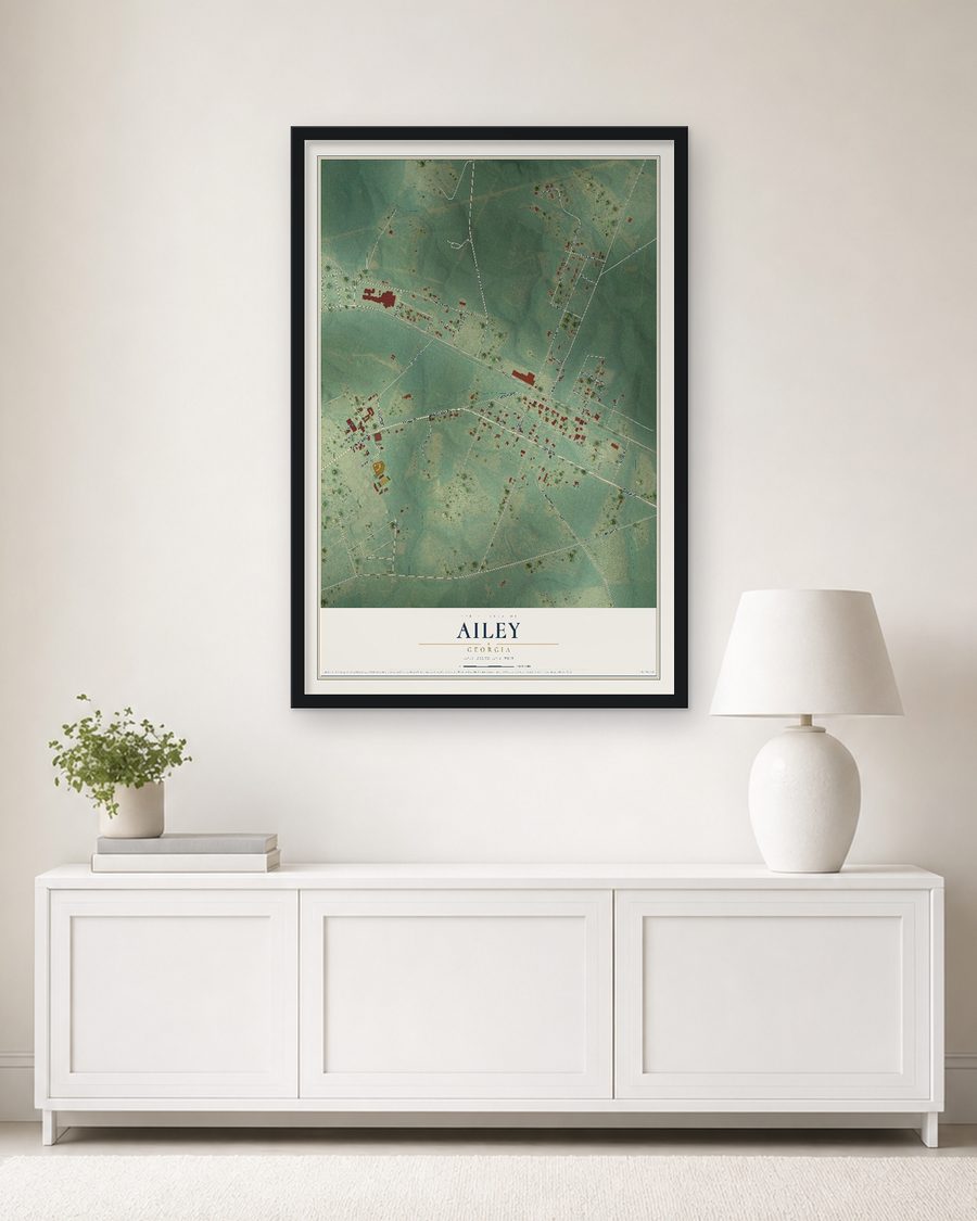 The Ailey, Georgia map, 24 x 36 in, in a black wood frame on a living room wall
