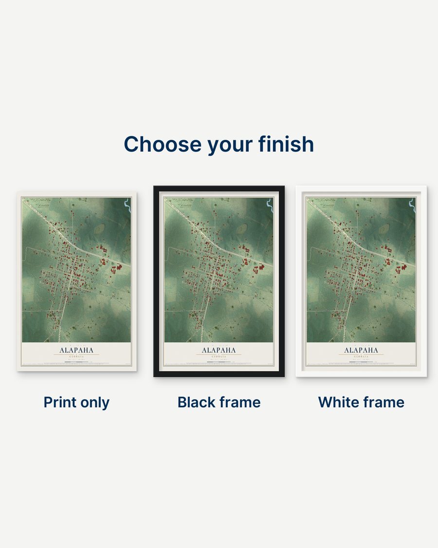 The Alapaha, Georgia map as a print only, in a black frame and in a white frame
