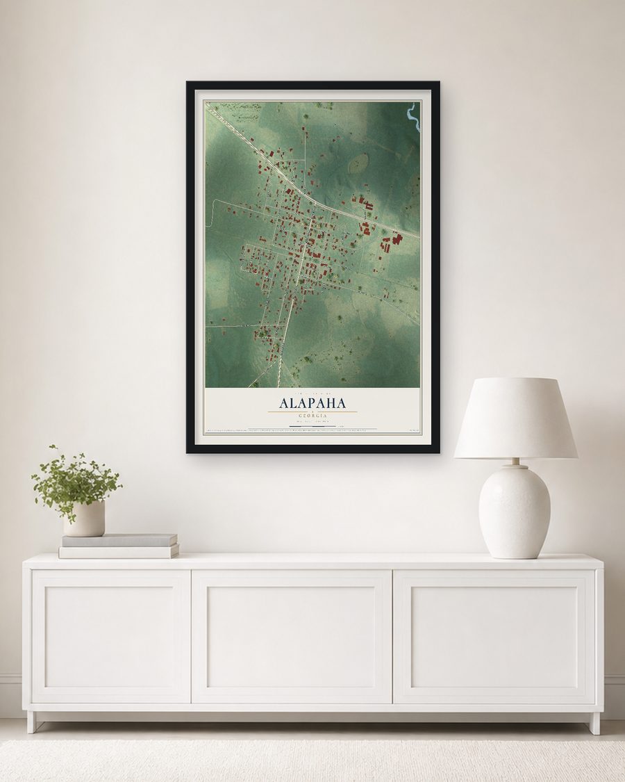 The Alapaha, Georgia map, 24 x 36 in, in a black wood frame on a living room wall