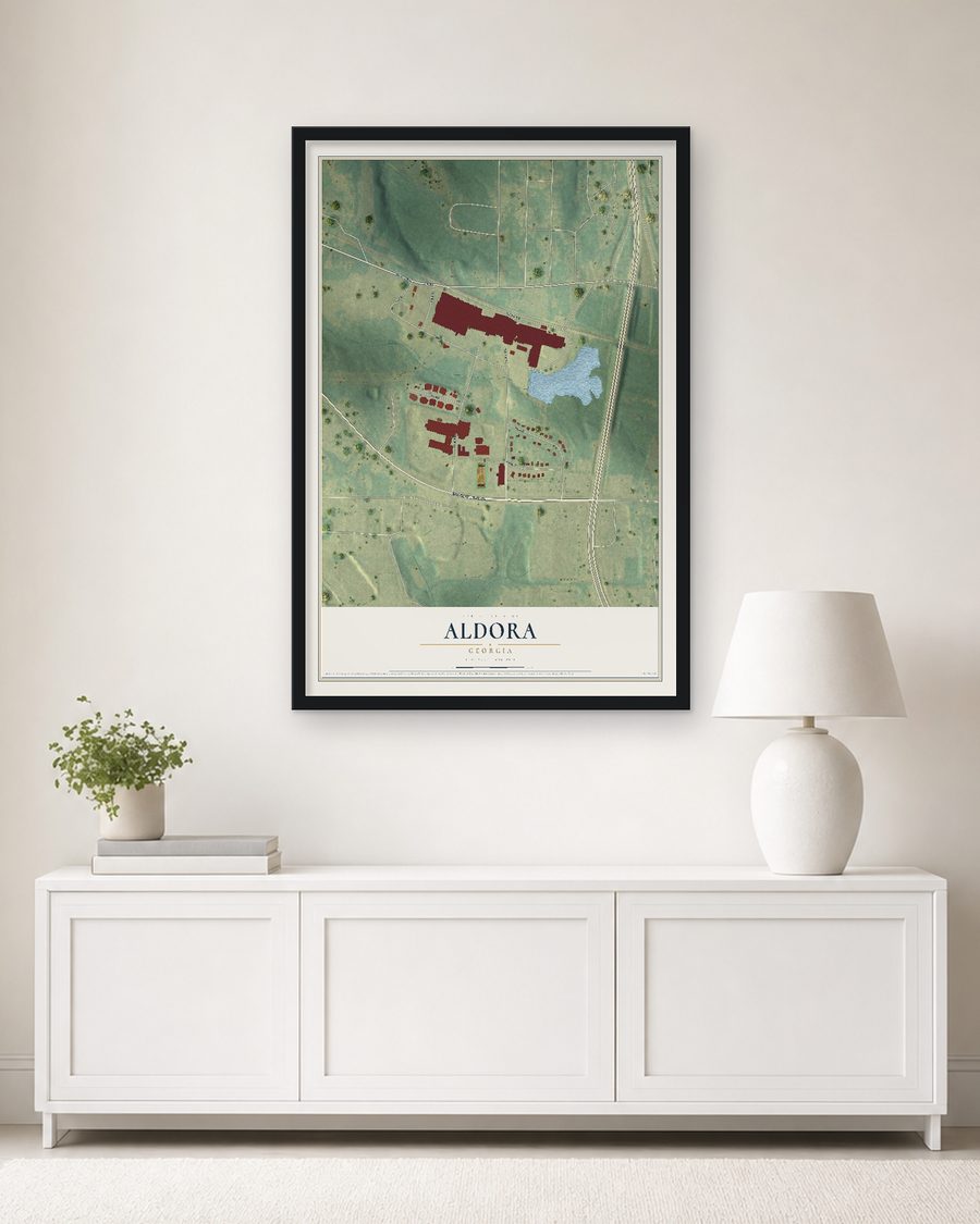 The Aldora, Georgia map, 24 x 36 in, in a black wood frame on a living room wall