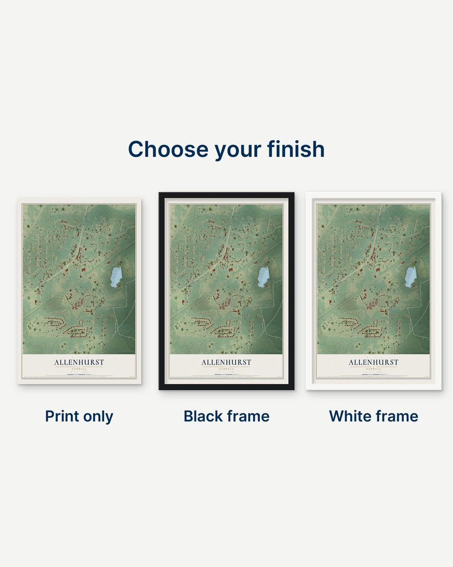 The Allenhurst, Georgia map as a print only, in a black frame and in a white frame