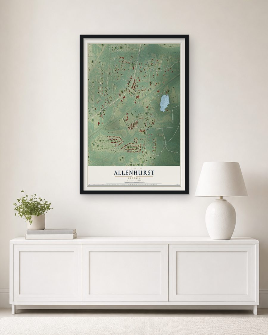 The Allenhurst, Georgia map, 24 x 36 in, in a black wood frame on a living room wall