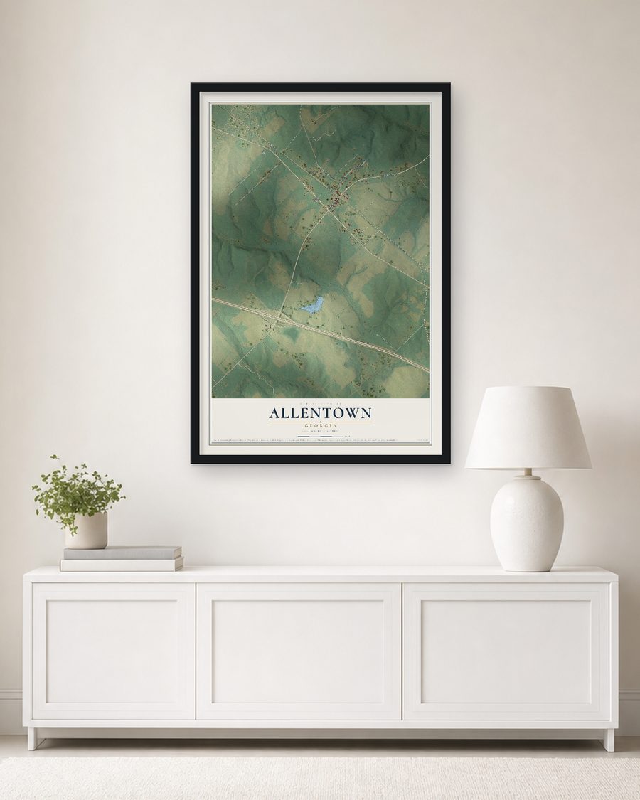 The Allentown, Georgia map, 24 x 36 in, in a black wood frame on a living room wall