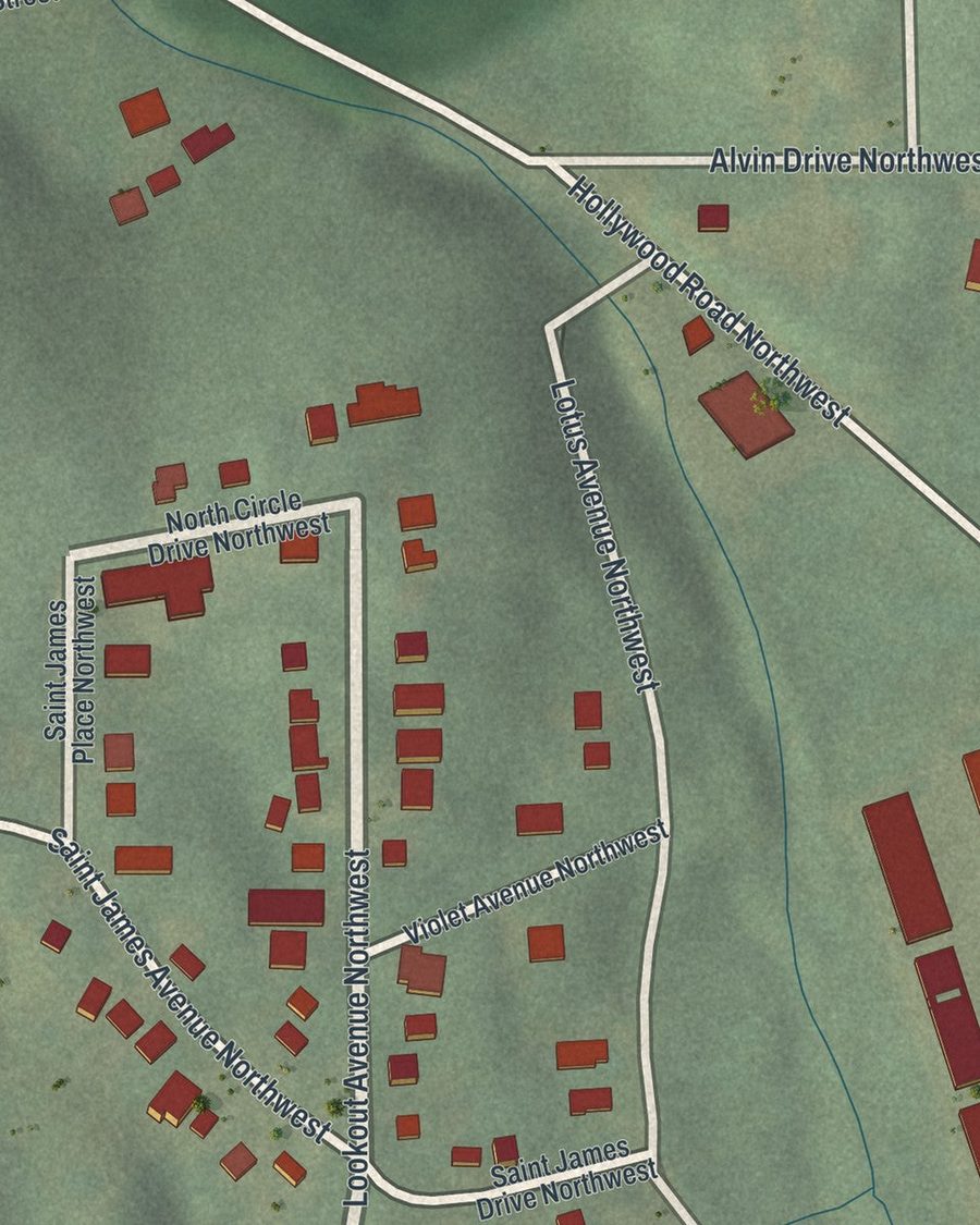 Close-up of Almond Park streets on the map