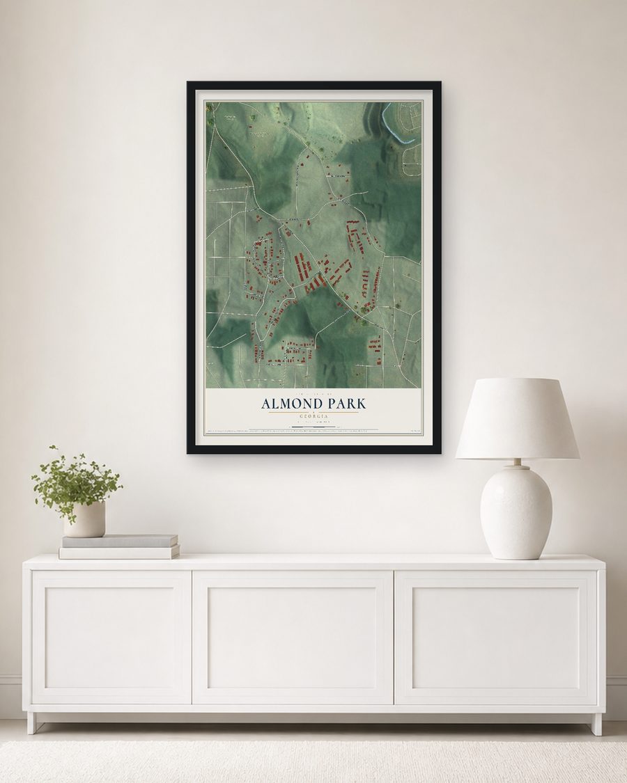 The Almond Park, Georgia map, 24 x 36 in, in a black wood frame on a living room wall