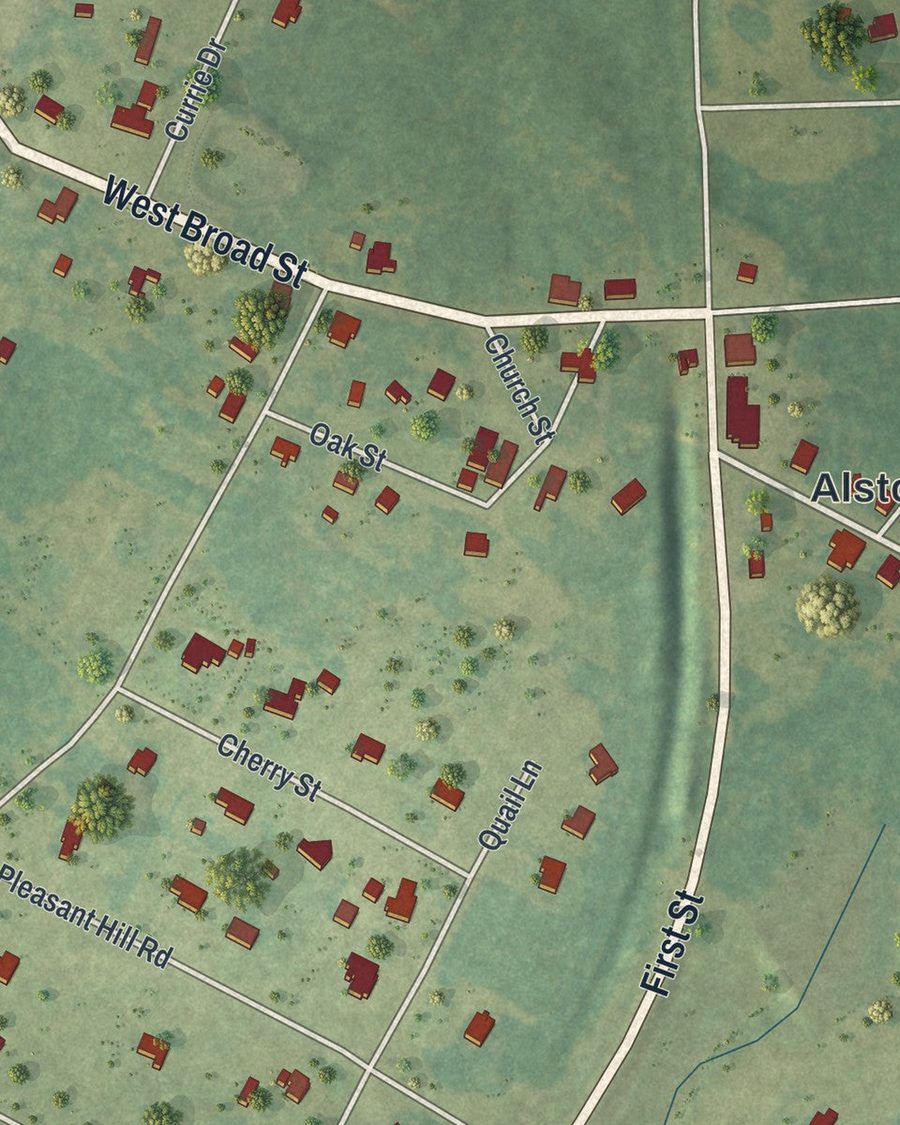 Close-up of Alston streets on the map